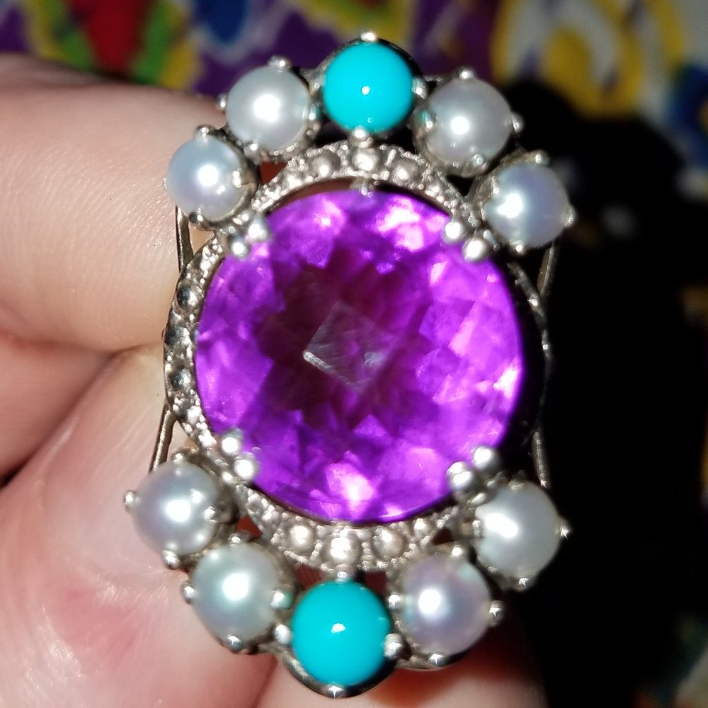 Large Nicky Butler 12mm purple center stone ring turquoise pearls BRAND NEW!